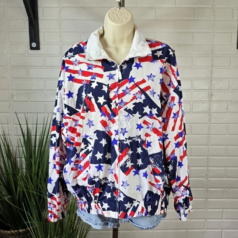 Vintage Liz Sport Patriotic Stars And Stripes Print Jacket Oversized Medium